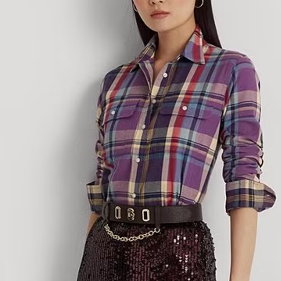 Lauren Ralph Lauren Tops - Lauren Ralph Lauren Plaid Leather Trim Point Collar Long Sleeve Shirt